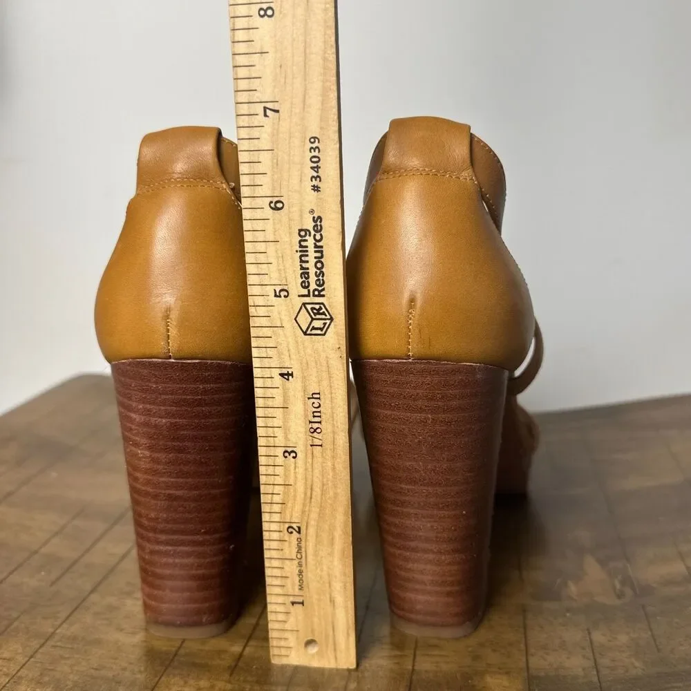 Franco Sarto Tan Leather Block Heel Sandals Women's 8M Zip Dress Shoes